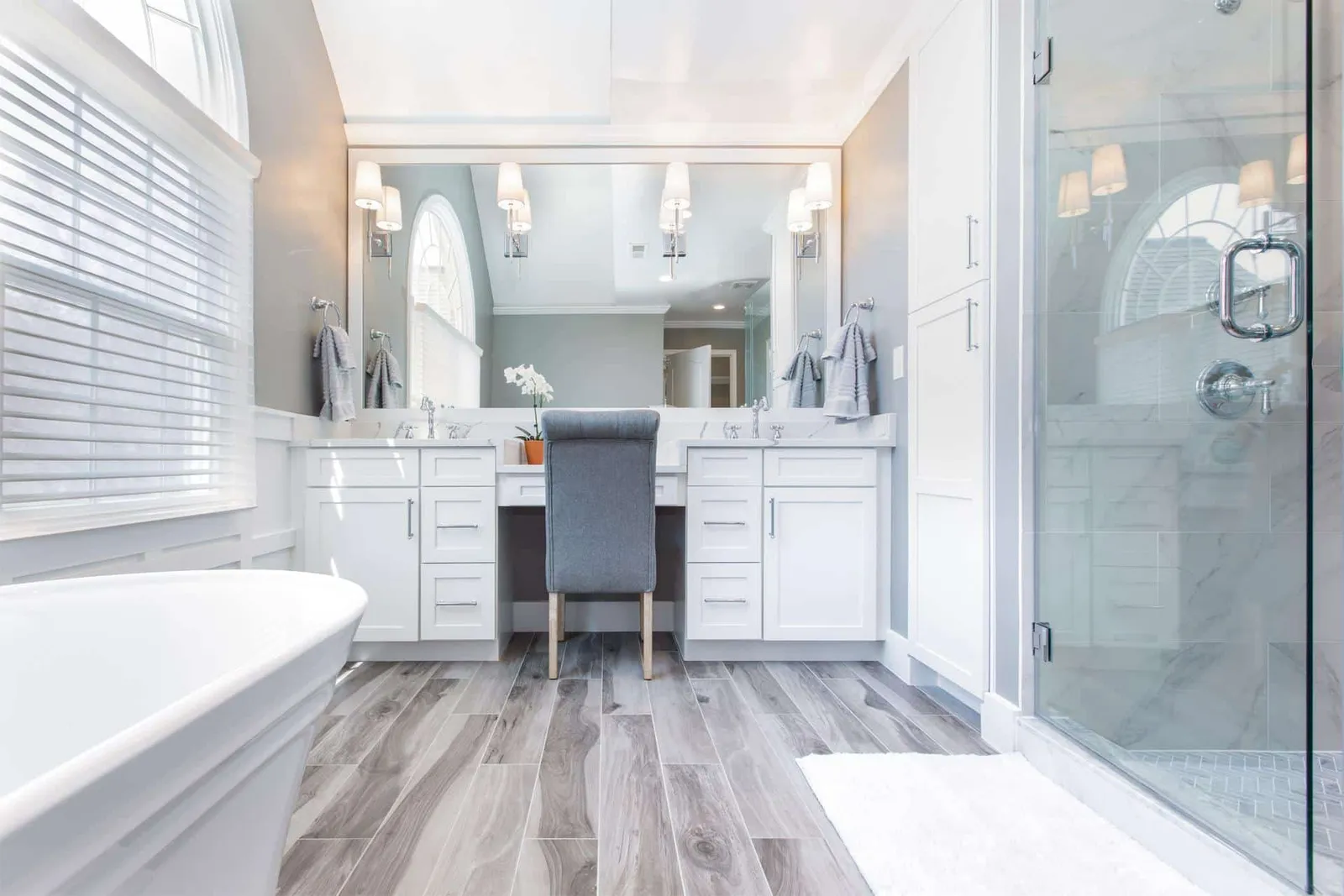 Beautiful white, marble, and gray bathroom high-quality fixtures